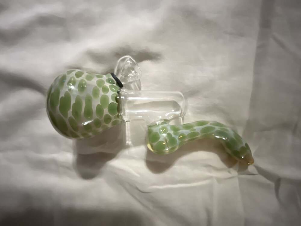 Handmade Green and White Patterned Glass Bubbler Piece - Picture 2 of 6